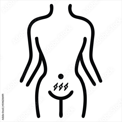Simple line drawing of woman with lower abdominal pain isolated on a white background. Designed for use in health apps, period trackers, menstrual and hormonal health, educational materials