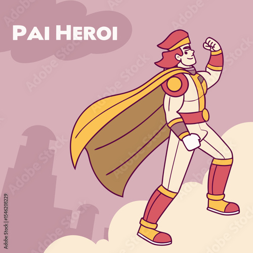 Illustration of a cartoon superhero with cape and costume climbing on clouds in a city background