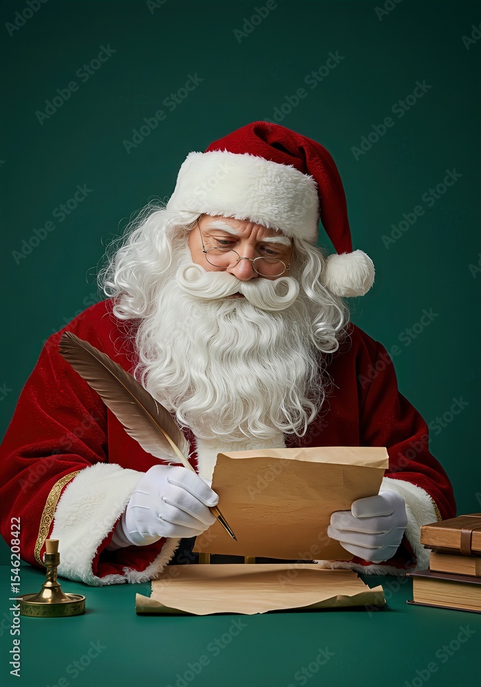 Naklejka premium Classic Santa Claus at his desk, focused on writing the Naughty or Nice list on a parchment scroll with a quill pen.