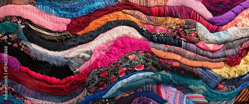 Colorful textural layers of diverse fabric woven into artistic textile patterns