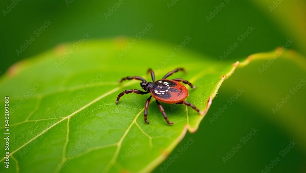 Tick crawling on a leaf, sharp macro shot, warning for hikers Tick crawling on a leaf, sharp macro shot, warning for hikers