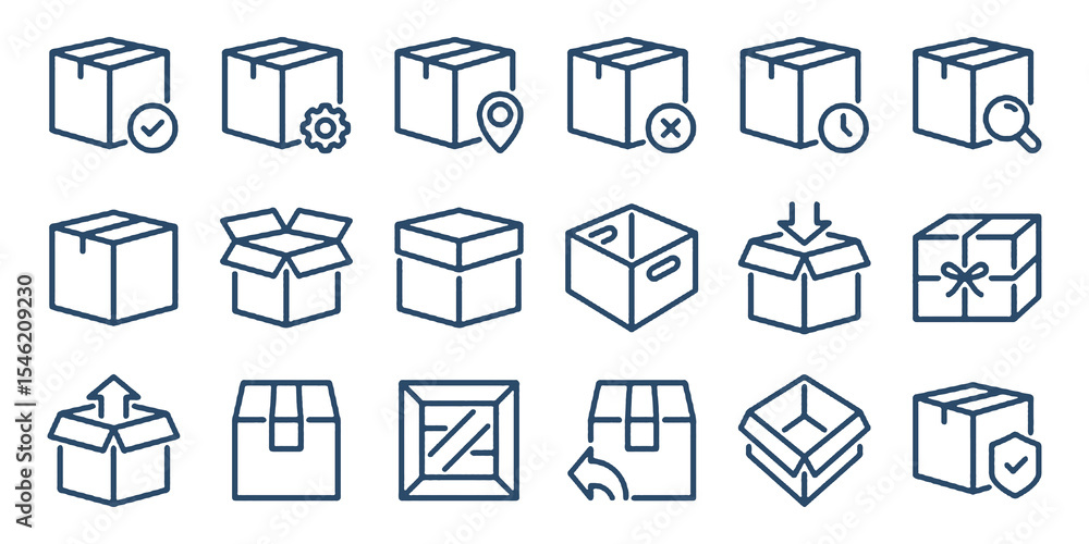 Package, parcel, box, delivery, distribution, import, export and return editable stroke outline flat icons set isolated on white background flat vector illustration. Package, parcel, box, delivery, distribution, import, export and return editable stroke outline flat icons set isolated on white background flat vector illustration.