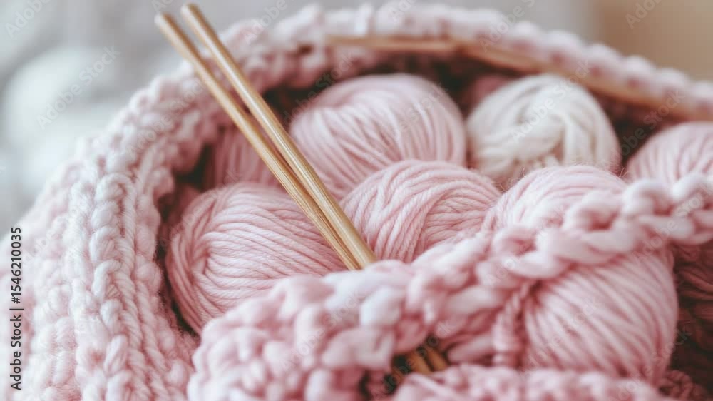 A basket filled with yarn and knitting needles, perfect for crafting and DIY projects A basket filled with yarn and knitting needles, perfect for crafting and DIY projects