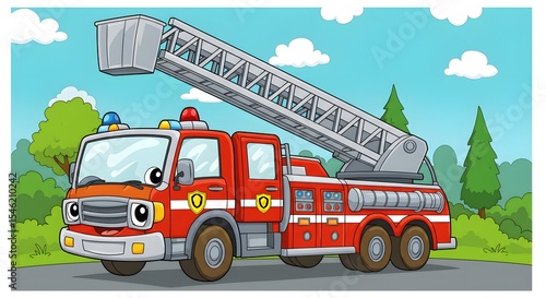 Cartoon Fire Truck with Extended Ladder Emergency Vehicle Illustration