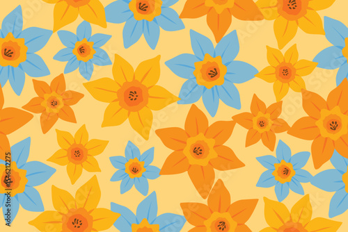 Wallpaper Mural Colorful floral pattern with yellow, orange, and blue daffodil-inspired flowers on a soft peach background—ideal for spring prints, fabric, and playful design. Torontodigital.ca