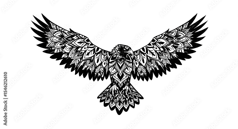 Fototapeta premium Ornate mandala-style hawk in flight, wings spread wide, intricate black and white design.