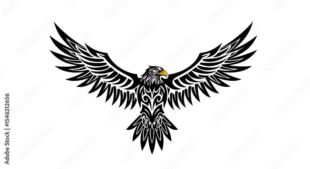 Fototapeta premium Detailed black and white vector illustration of an eagle with spread wings and intricate tribal-style patterns on its body.