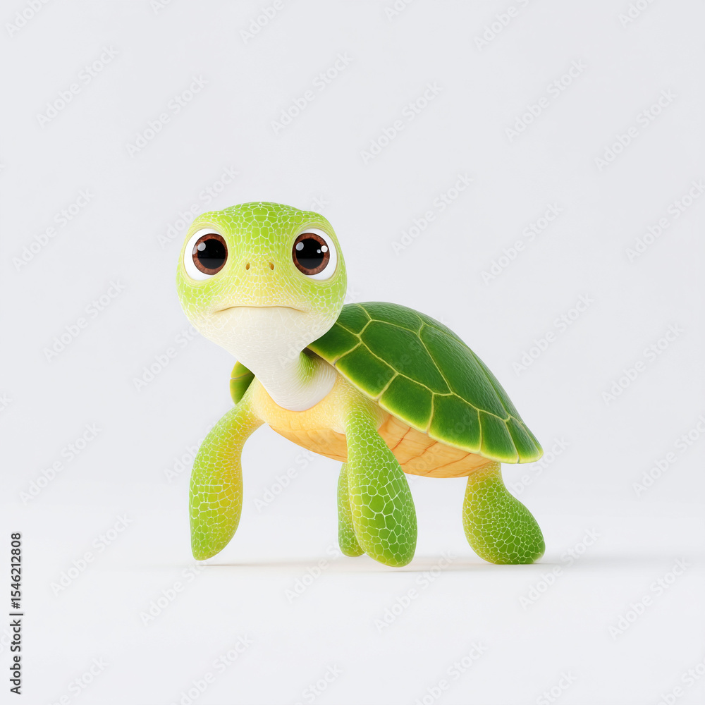 Fototapeta premium Sea Creatures: Origins of Life - A cute and realistic 3D cartoon baby sea turtle with glossy eyes and a polished green shell, set against a white background with soft lighting.