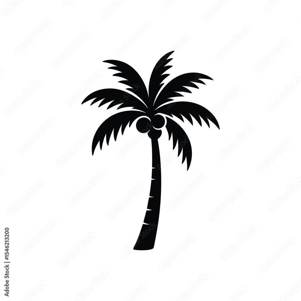 Fototapeta premium Coconut Tree Silhouette Vector Design, Black coconut tree with fruits silhouette vector on white background perfect for tropical nature themes