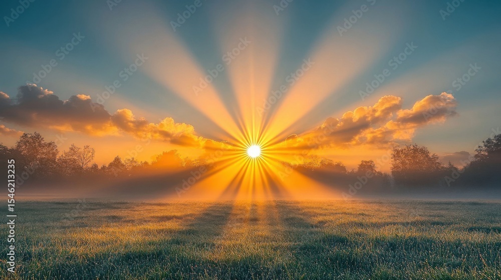 Obraz premium Golden Sunrise Over Field With Trees In The Horizon Peaceful Landscape