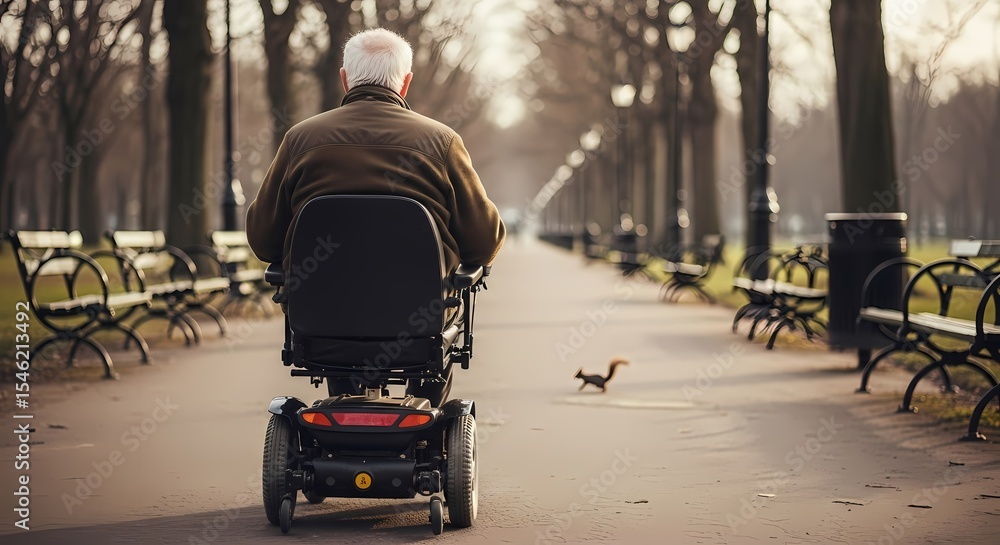 Obraz premium Portrait of an elderly man riding an electric scooter, modern technology concept with urban background, mobility innovation, senior enjoying smart transportation, outdoor city environment