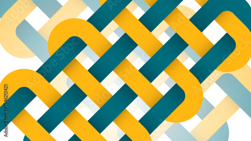Abstract interlocking shapes background. Colorful woven ribbon texture in yellow and teal
