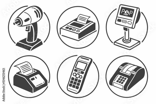 Cashier machines and payment terminals in circles isolated on white