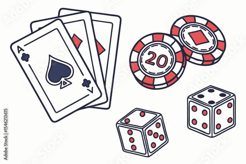 Playing cards dice and casino chips isolated on white background
