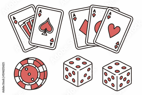 Playing cards dice and casino chip isolated on white background