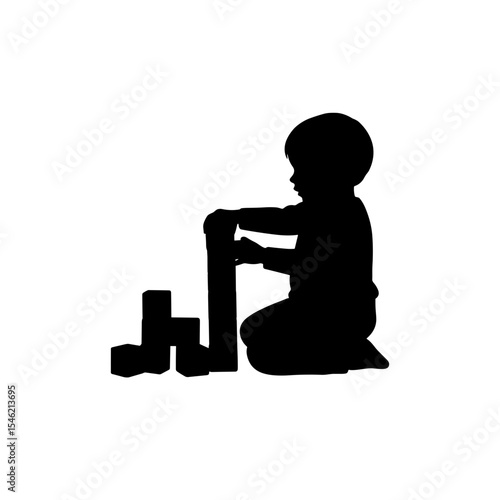 Child playing with building blocks in silhouette on white background  