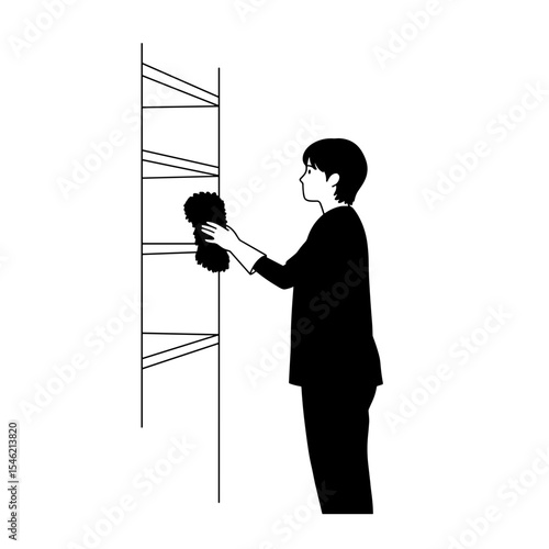 A woman wipes down a shelf with a minimalist rag