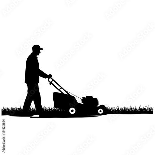 Man mowing grass with lawn mower in silhouette on white background  