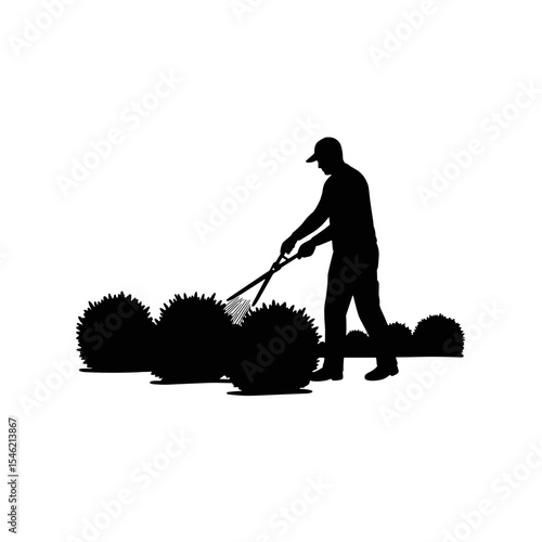 Gardener trimming bushes with shears in silhouette on white background  