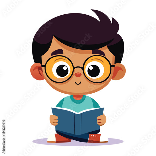 Indian boy with glasses quietly reading, focused on his book in a calm setting.
