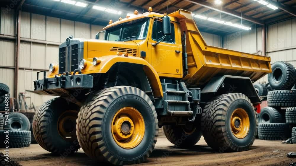 A large yellow dump truck is parked inside a building, providing a unique urban landscape A large yellow dump truck is parked inside a building, providing a unique urban landscape