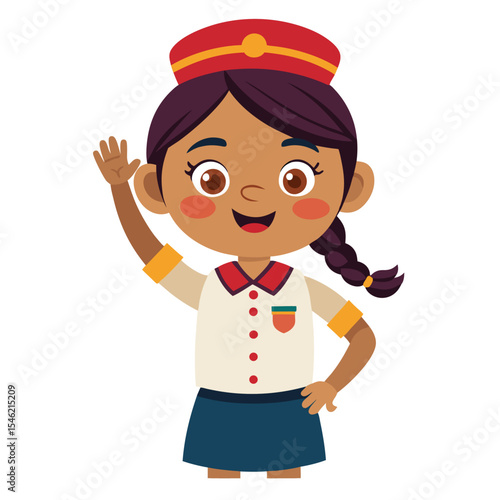 Indian girl in uniform waving with a friendly smile, ready for school.