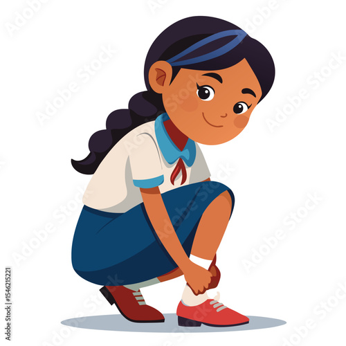 Indian girl in school uniform tying her shoelace, a diligent and independent habit.