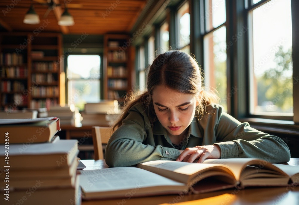 Young woman studying in a cozy library surrounded by books and natural light Young woman studying in a cozy library surrounded by books and natural light