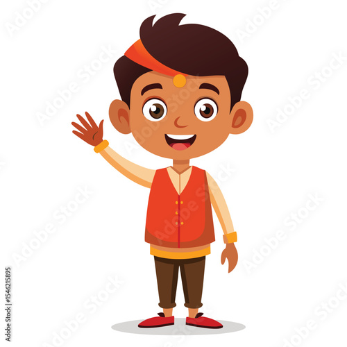 Indian schoolboy waving goodbye with a cheerful smile, ready for school.