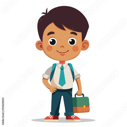 Indian schoolboy with a backpack and lunchbox, ready for a new school day.