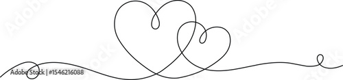 Two hearts one line drawing, Continuous one line heart drawing, Romantic heart shape continuous line art