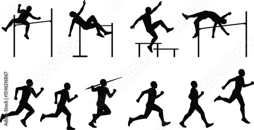 Athletes performing track and field events, high jump, sprinting, javelin throw, hurdles, sports silhouettes, running motion, competitive athletics illustration, vector black silhouettes, 