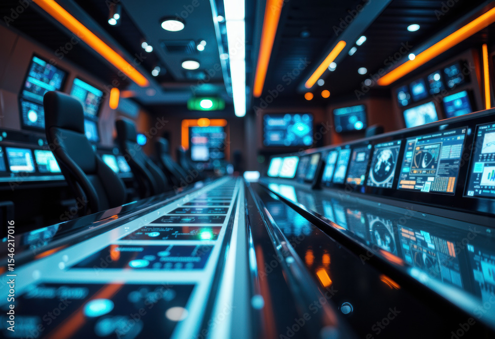Naklejka premium Modern control room with advanced technology and illuminated screens