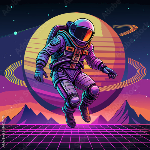 Retro futuristic astronaut in space with planet