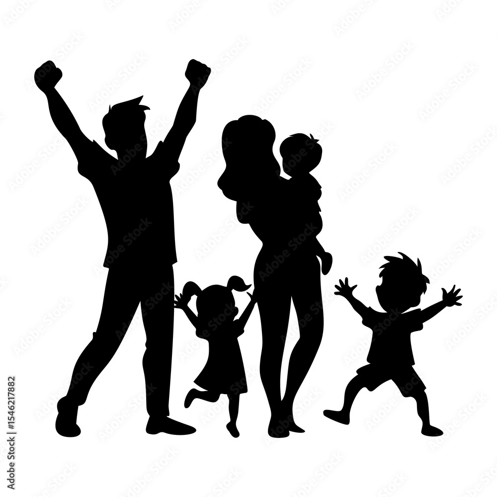 Obraz premium Cartoon family Character Silhouettes .Diverse Poses for Animation and Design.Black shadow human activity sign father mother daughter and son 