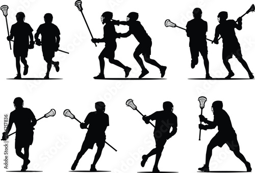 Lacrosse player silhouettes in action, team sport competition, stick handling, running and defending, isolated black vector, athletic movement, training, sports gear, helmet, 