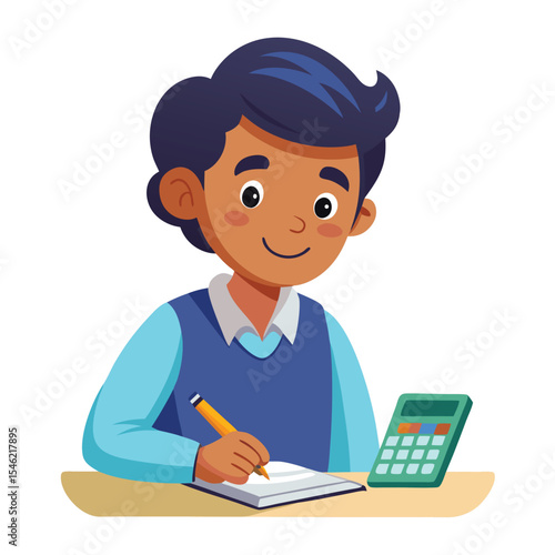 Young Indian student focused on homework, using a calculator for math problems on a plain white background.
