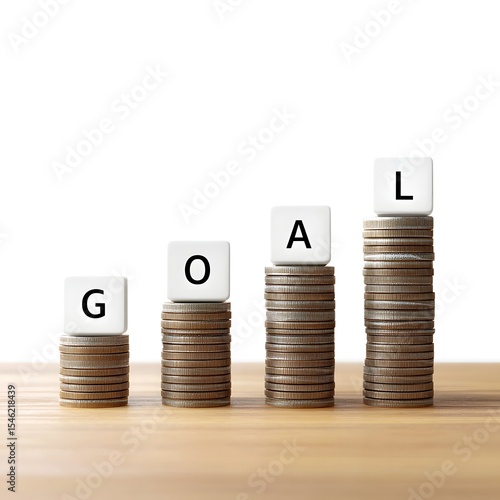 Goal-based investing shows a financial upward trend through stacks of coins and letter blocks demonstrating realistic financial growth and planning strategy.