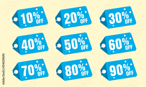 A set of ten blue and white polka dot discount tags from 10% to 90% off. Ideal for e-commerce, banners, print ads, and retail marketing to display various discounts.
