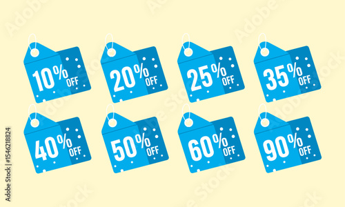 A set of ten blue and white polka dot discount tags from 10% to 90% off. Ideal for e-commerce, banners, print ads, and retail marketing to display various discounts.