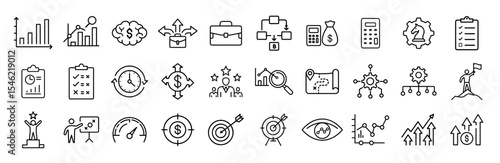 Business strategy planning vision goal leadership analysis vector line icons