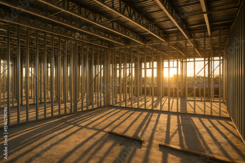 Steel-framed building in progress at a construction site.