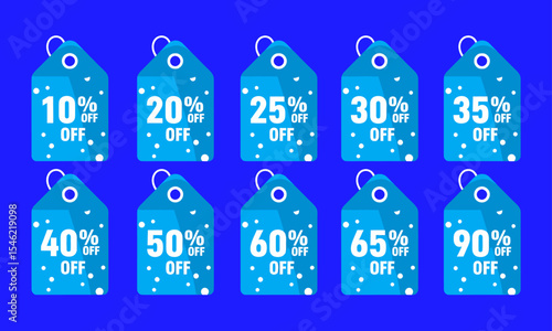 A set of ten blue and white polka dot discount tags from 10% to 90% off. Ideal for e-commerce, banners, print ads, and retail marketing to display various discounts.