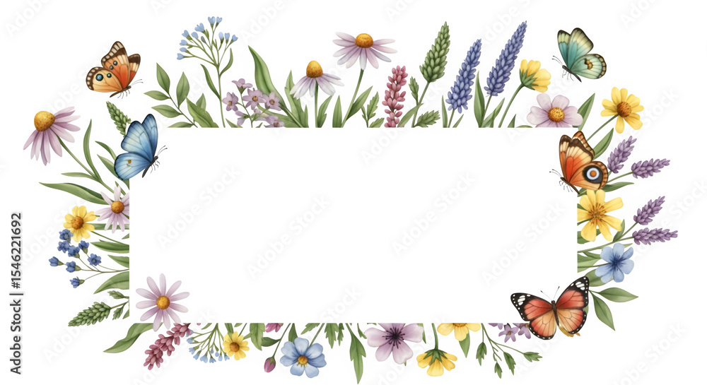 Fototapeta premium Floral frame with butterflies isolated on transparent background