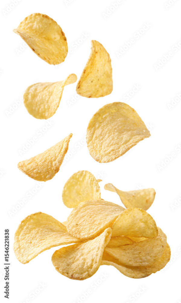 suspended floating crispy potato chips, isolated PNG suspended floating crispy potato chips, isolated PNG