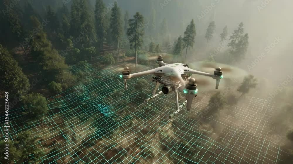 A drone flies over a forest, mapping terrain with a digital grid overlay for surveillance or environmental monitoring. Climate innovation lab.