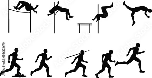 Track and field athletes, high jump, pole vault, javelin throw, sprinting silhouettes, running sequence, athletic performance, sports competition, motion pose, outdoor training, dynamic sports action