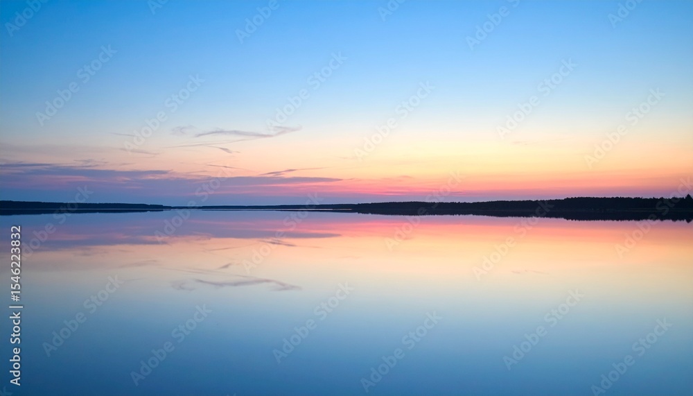 Fototapeta premium Abstract twilight gradient washes across a clean sky, reflected faintly on a still water surface with no distractions. 