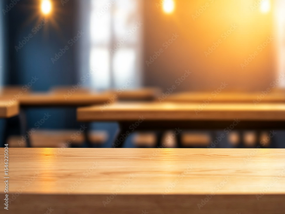 Warm and inviting classroom setting with wooden tables and soft lighting creates conducive Warm and inviting classroom setting with wooden tables and soft lighting creates conducive