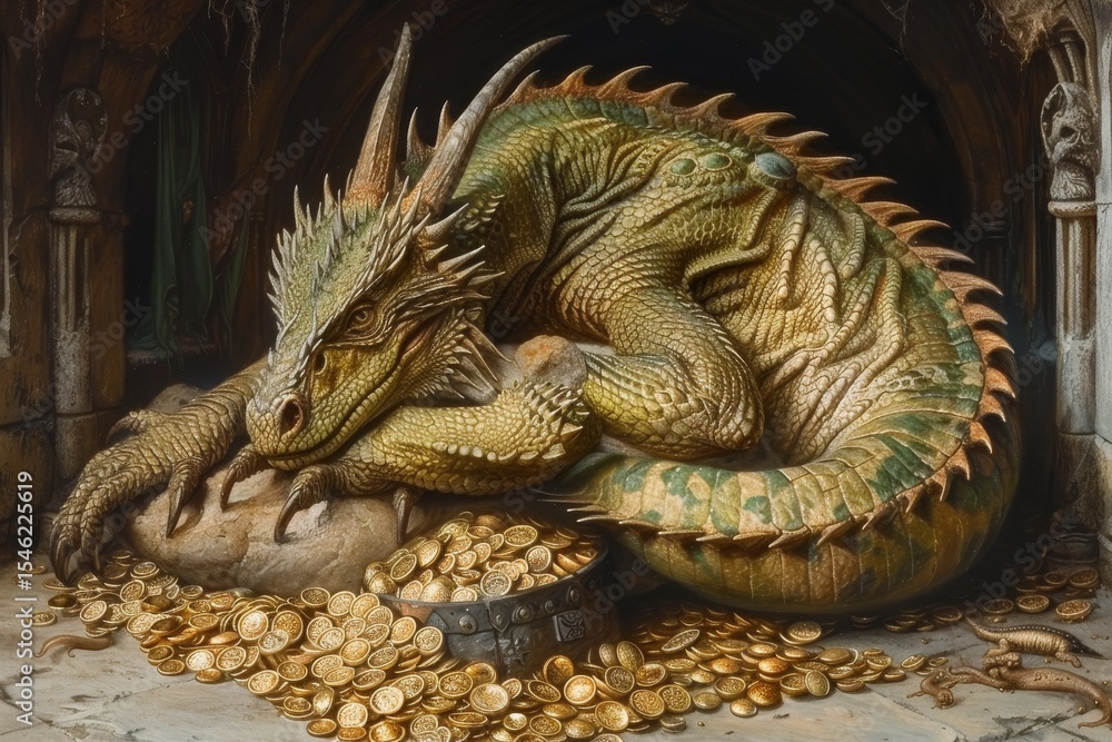Fototapeta premium Fantasy dragon resting atop a pile of gold coins in a dimly lit cavern